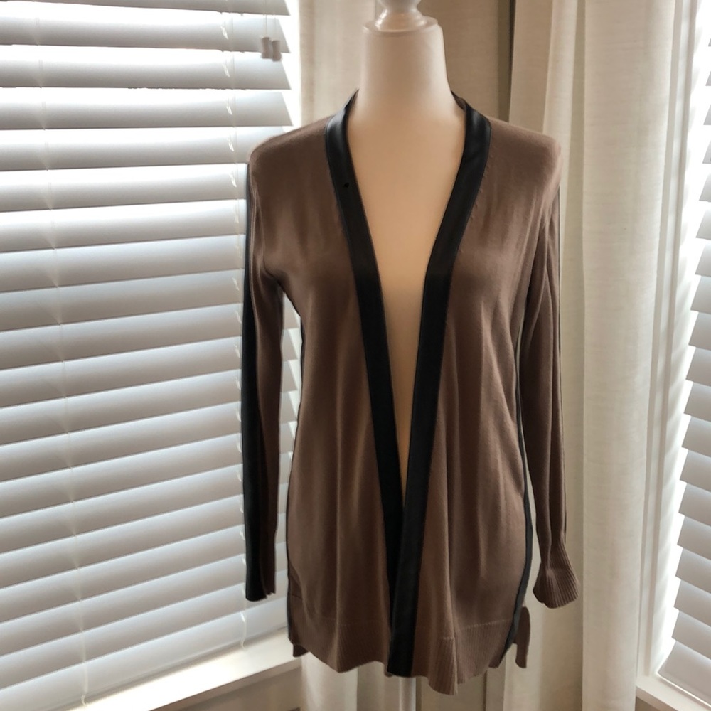 Taupe cardigan with faux black leather accent
